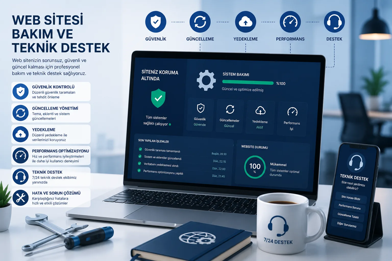 Tetaweb Samsun web sitesi bakım ve teknik destek hizmeti için güncelleme, yedekleme, performans ve destek alanlarını gösteren modern web sitesi yönetim ekranı